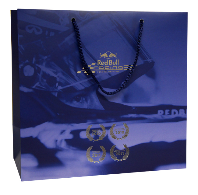 Red Bull Printed Paper Carrier Bags Over Printed With Silver Foil Block